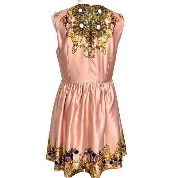 Joe Fresh Fit & Flare Pink Satin Cocktail Dress Size 8 Gold Blue Baroque Design - Picture 6 of 12